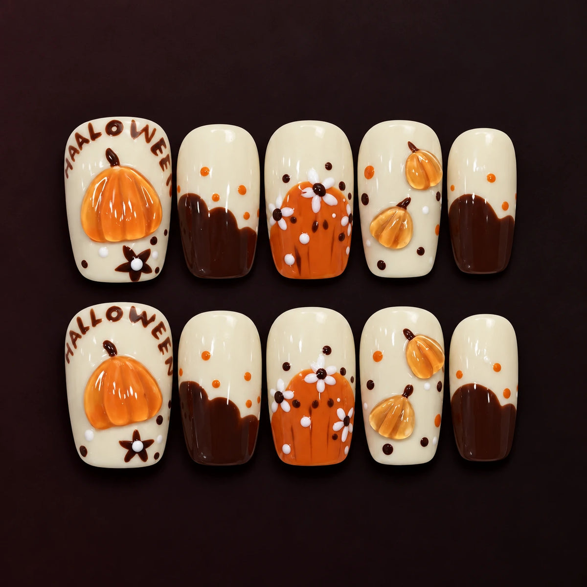 Harvest Charm — Cream Pumpkin Press-On Nails — AI-styled product image