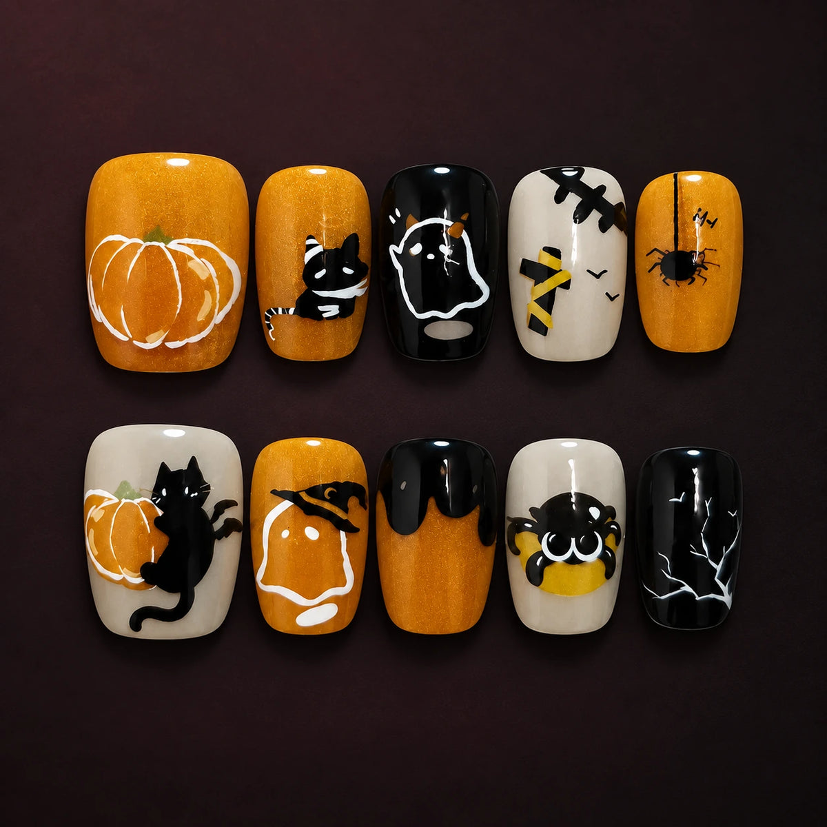 Pumpkin Prowl — Cat &amp; Ghost Press-On Nails — AI-styled product image