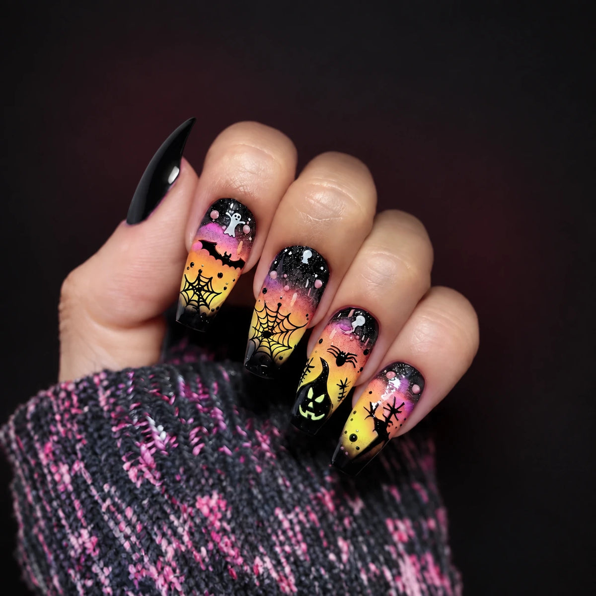 Twilight Haunt — Sunset Halloween Press-On Nails — AI-styled product image