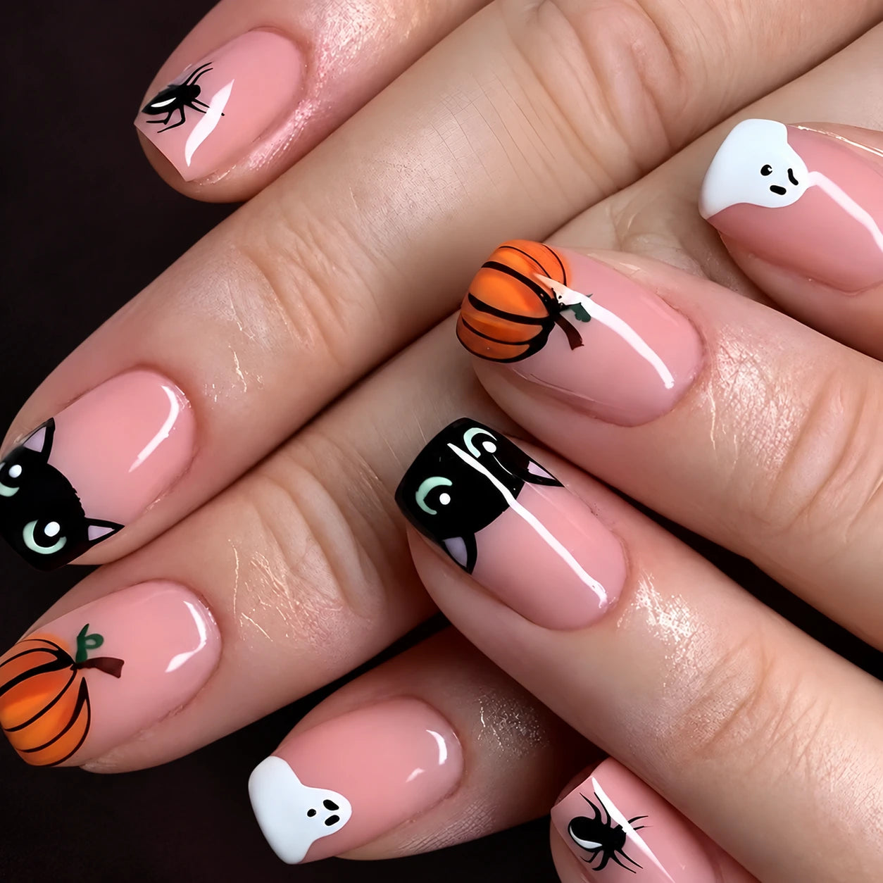 Pink Pumpkin Peek press-on nails; AI-styled product photograph